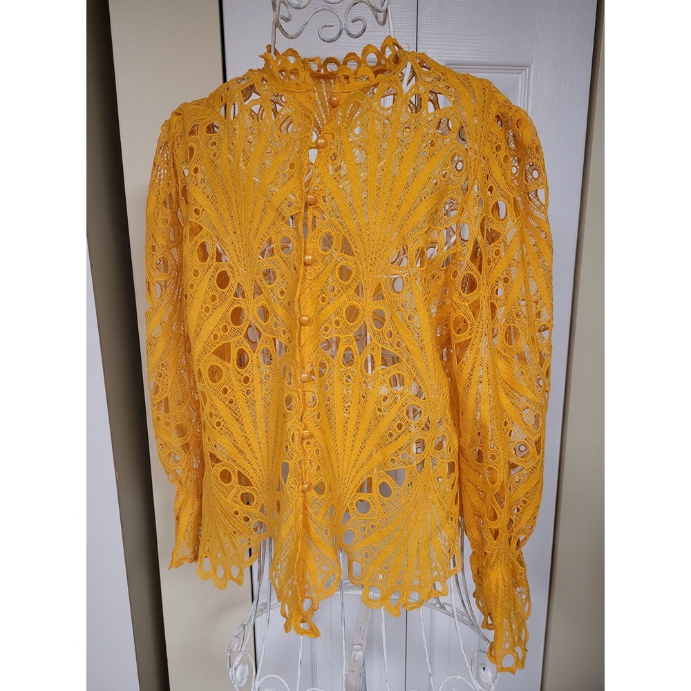 Lace Mustard Yellow Boho Jacket High Neck Resortwear Ruffle Sleeve Size XXL